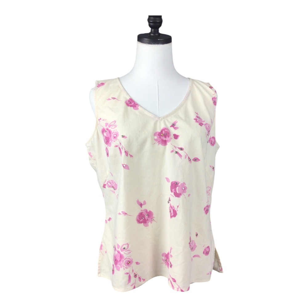 Ecologie Cream Floral V-Neck Large Tank Top Linen Cotton Jeweled Read!